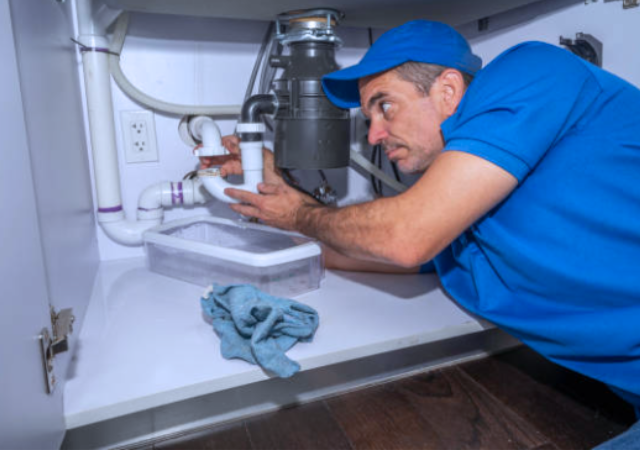 Loodgieter in blauwe werkkleding repareert een lekkende afvoer onder een gootsteen in de keuken.